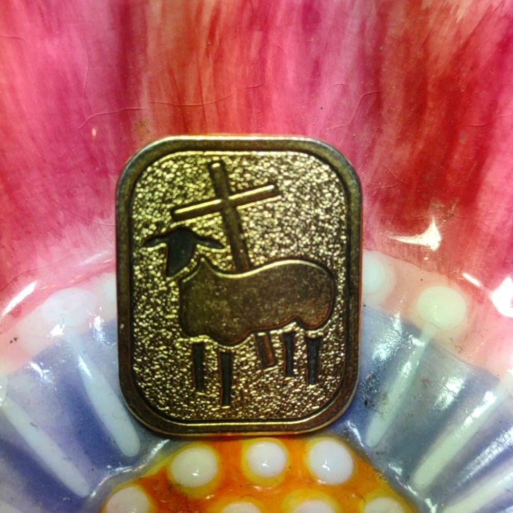 Sheep and cross religious gold lapel pin